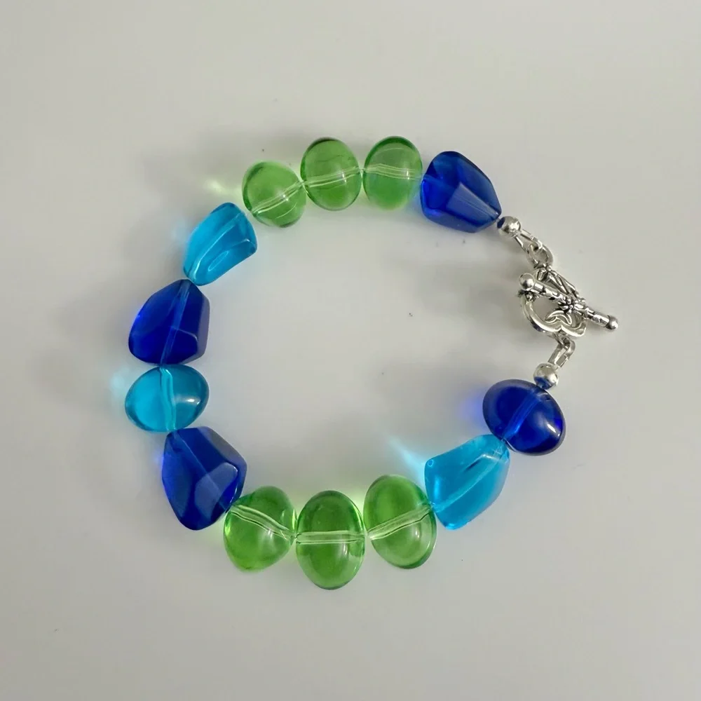 Chunky Boho Glass Nuggets Bracelet In Blue Topaz, Cobolt Blue & Algae Green